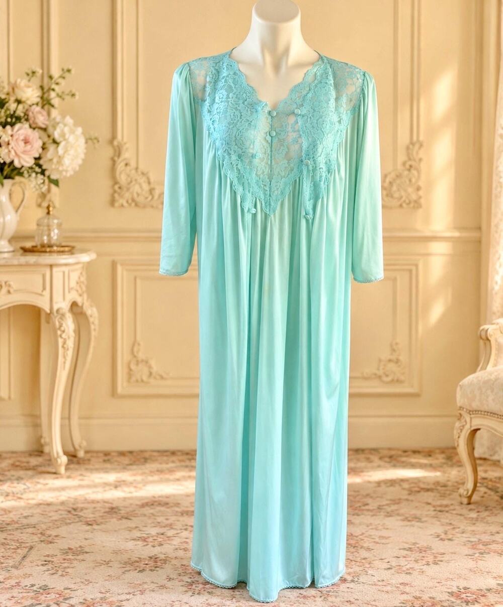 Vintage Vassarette 1980s Aqua Sheer Lace Maxi Peignoir Set Size Medium NWOT